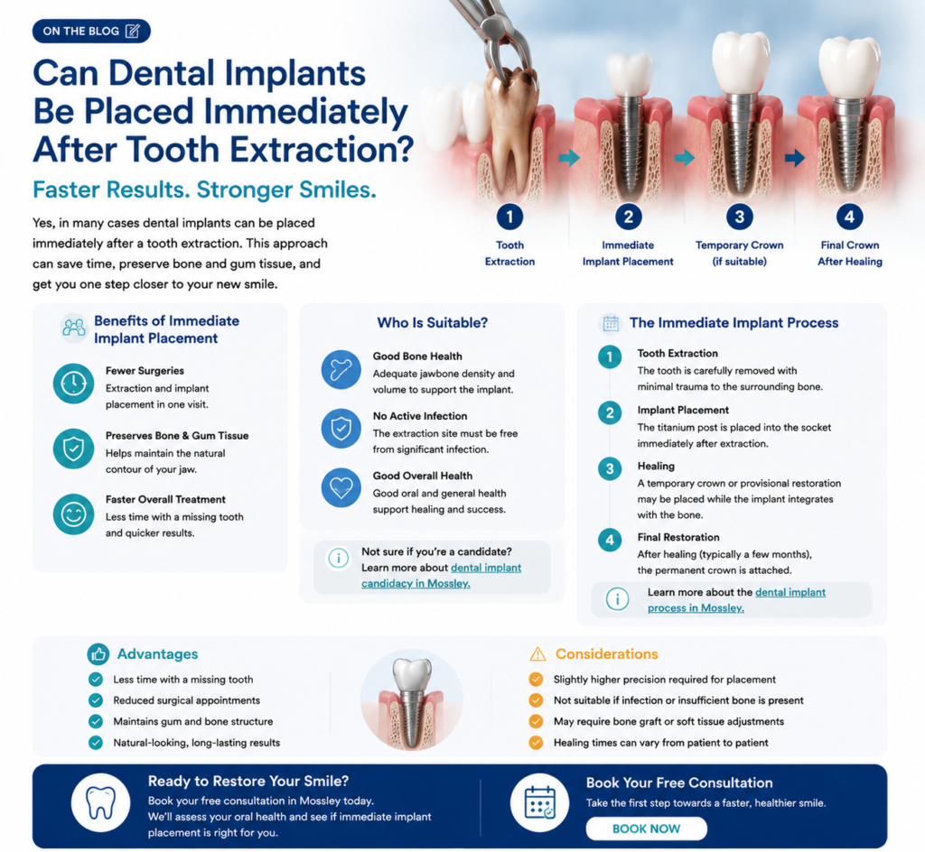 Infographic showing immediate dental implant placement after tooth extraction, including tooth removal, titanium implant insertion, temporary crown, healing process, benefits, and suitability criteria for patients in Mossley.