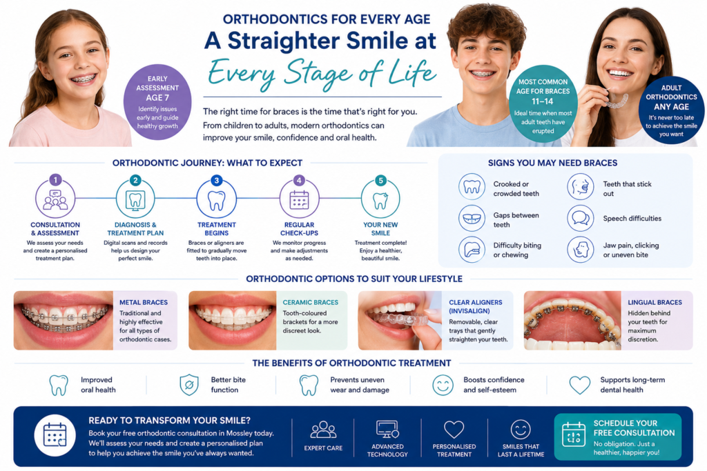 Orthodontic infographic showing braces and Invisalign treatment options for children, teenagers, and adults, including metal braces, ceramic braces, clear aligners, and lingual braces, with signs you may need braces and benefits of orthodontic treatment in Mossley.