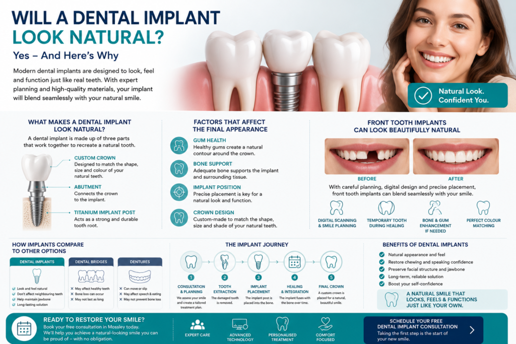 Infographic explaining how dental implants can look natural, showing a custom implant crown blended with surrounding teeth and gums, factors affecting aesthetics, front tooth implant results, and the dental implant journey for patients in Mossley.