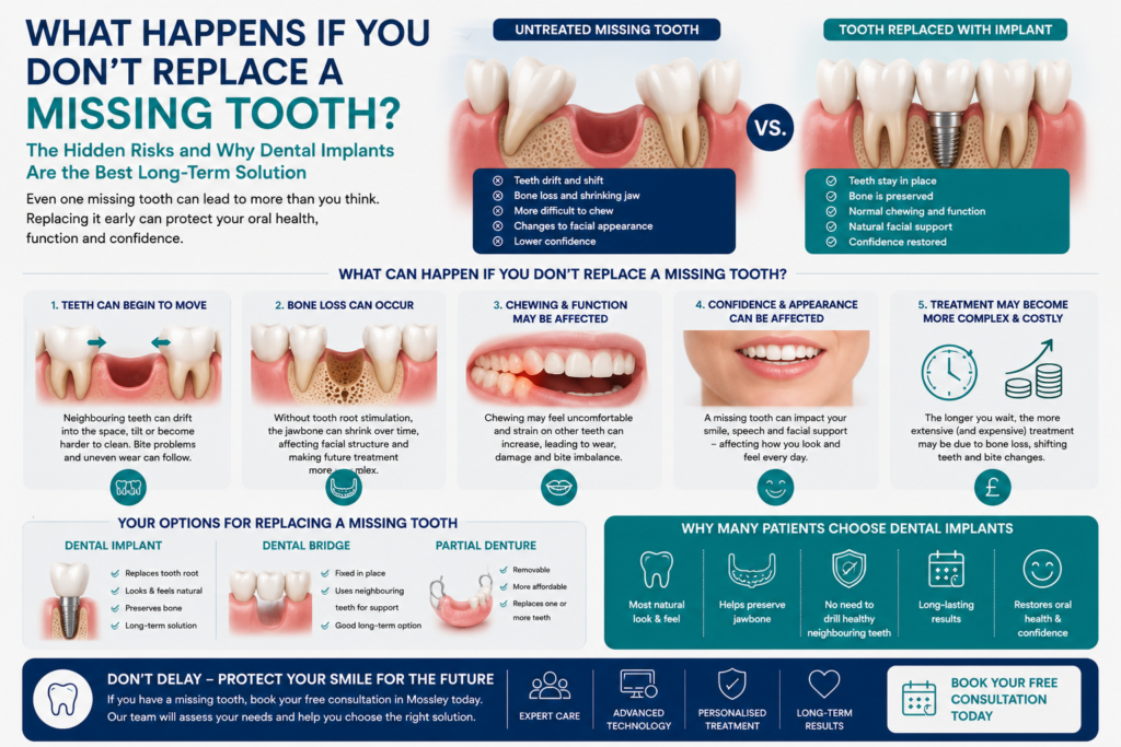 Infographic showing the consequences of not replacing a missing tooth, including tooth movement, bone loss, chewing difficulties, and reduced confidence, alongside comparison images of dental implants, bridges, and dentures for patients in Mossley.