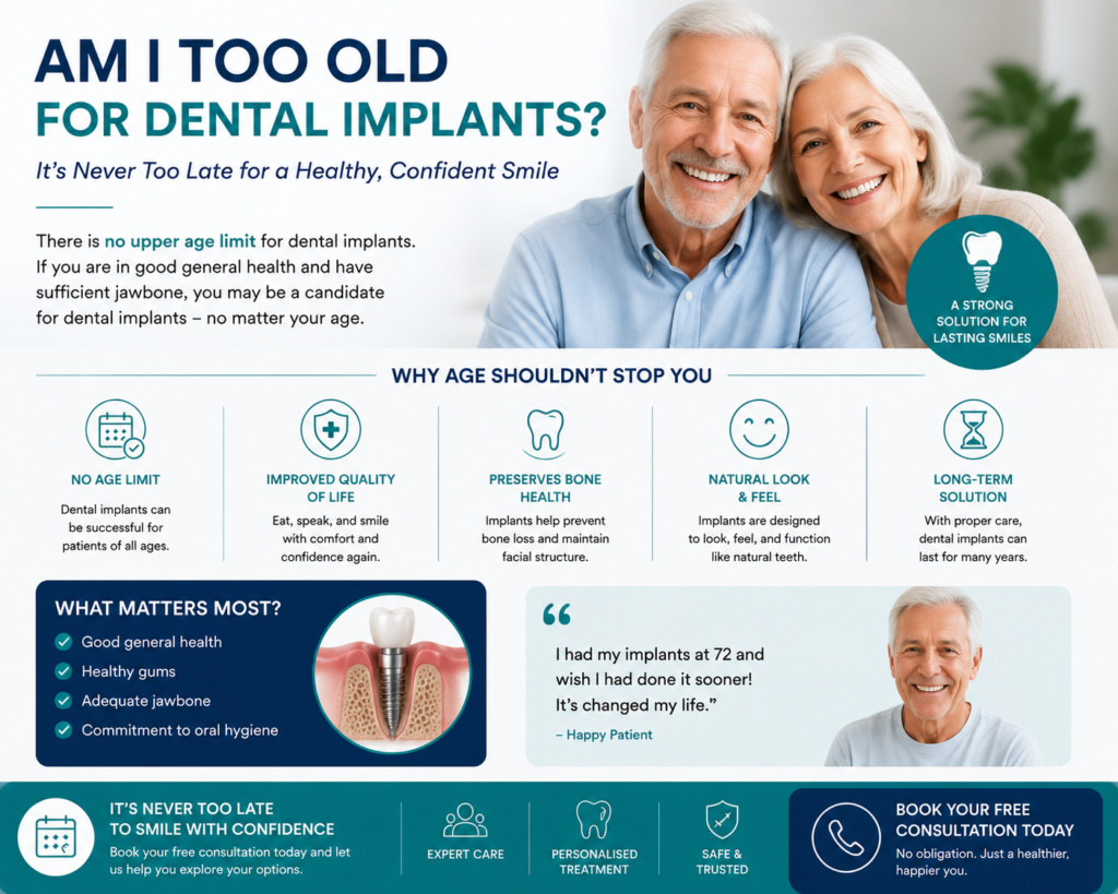 nfographic explaining that there is no upper age limit for dental implants, featuring older adults with healthy smiles, key eligibility factors such as bone health and gum health, and the benefits of dental implants including improved confidence, preserved jawbone, and long-term tooth replacement for patients in Mossley.