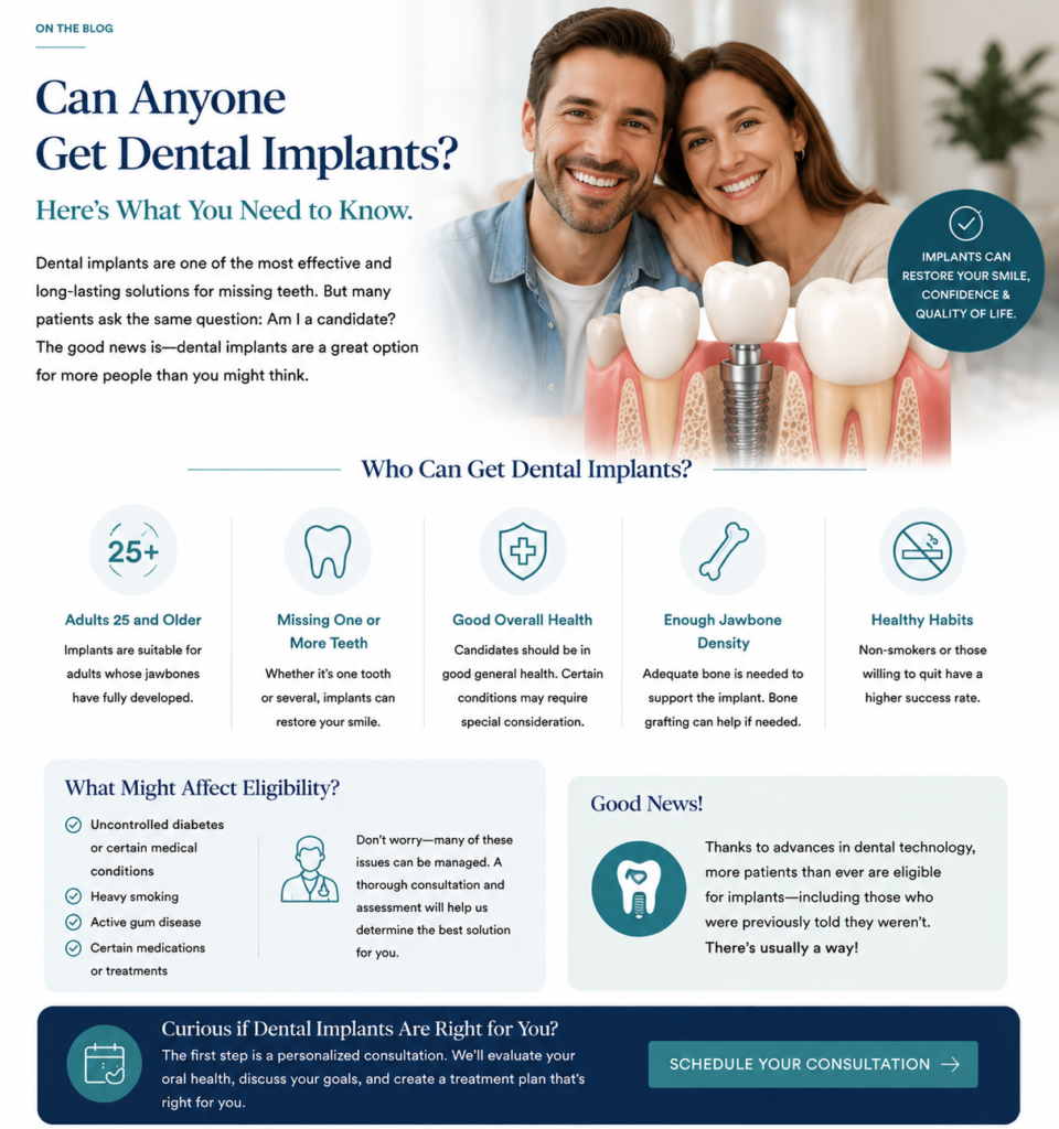 Illustration showing dental implant eligibility for adults 25 and older, highlighting jawbone health, healthy gums, oral hygiene, and overall health, with a dental implant model including post, abutment, and crown, for Mossley dental implants blog.